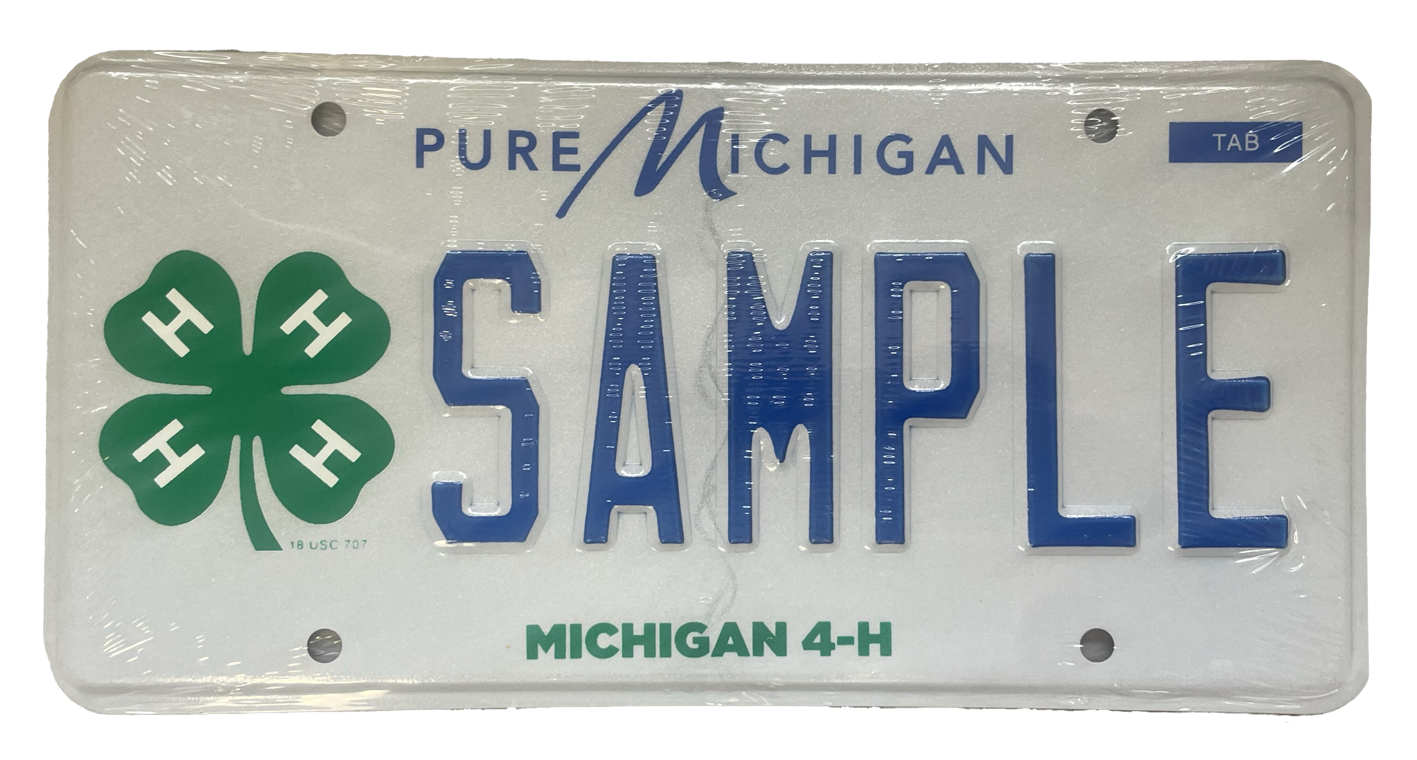 White license plate with green 4-H clover along left and Michigan 4-H on the bottom. Blue Pure Michigan on the top and word SAMPLE across middle.